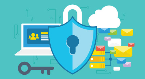 A padlock in the shape of a shield guarding a laptop and emails with a key