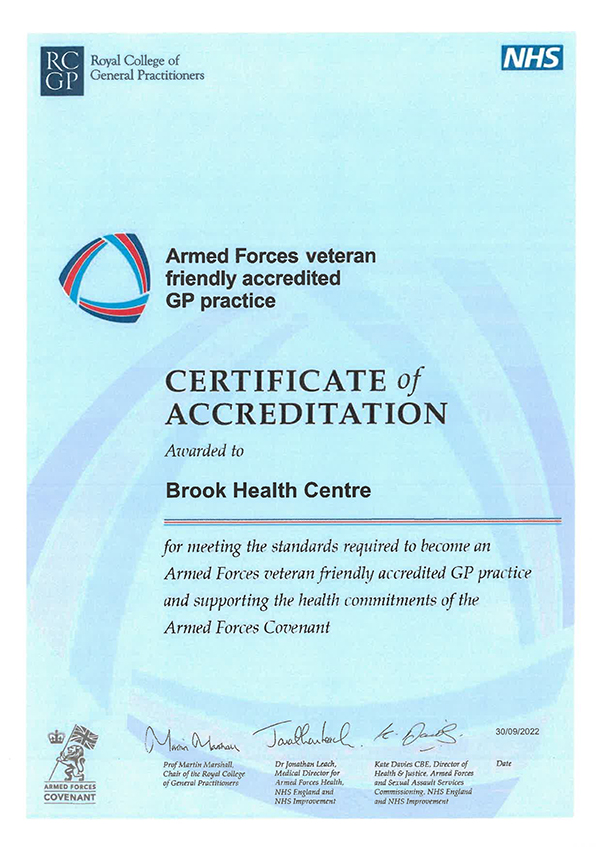 Poster showing the accrediation for the RCGP that the practice is veteran friendly